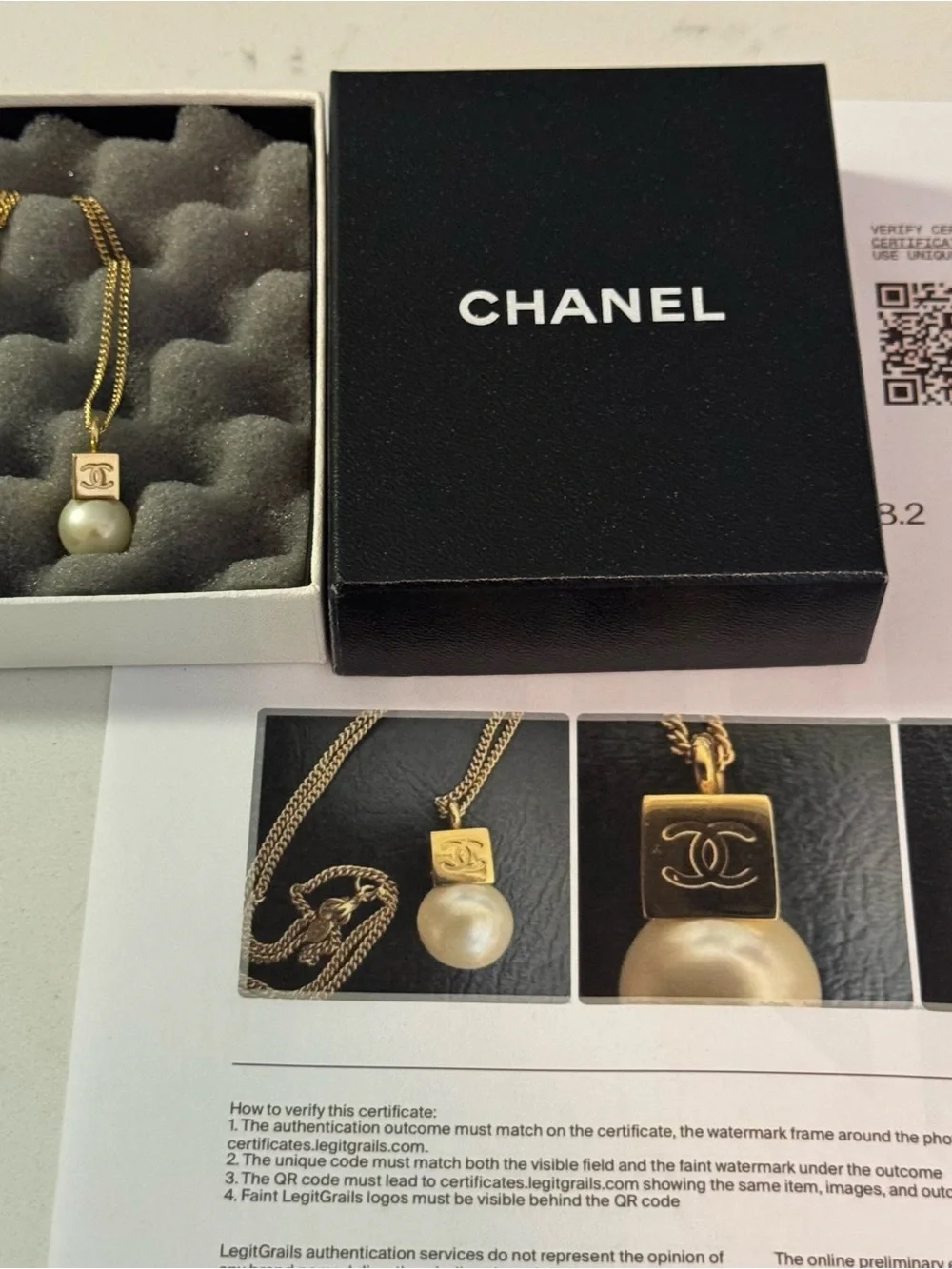 CHANEL Gold Tone Chain Necklace with Pearl Pendant